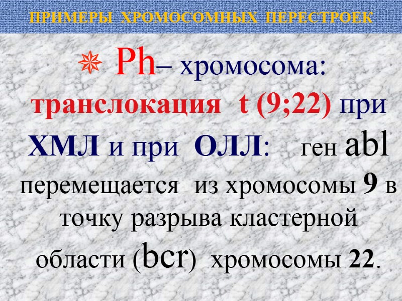 ПРИМЕРЫ  ХРОМОСОМНЫХ  ПЕРЕСТРОЕК  Ph– хромосома: транслокация  t (9;22) при ХМЛ